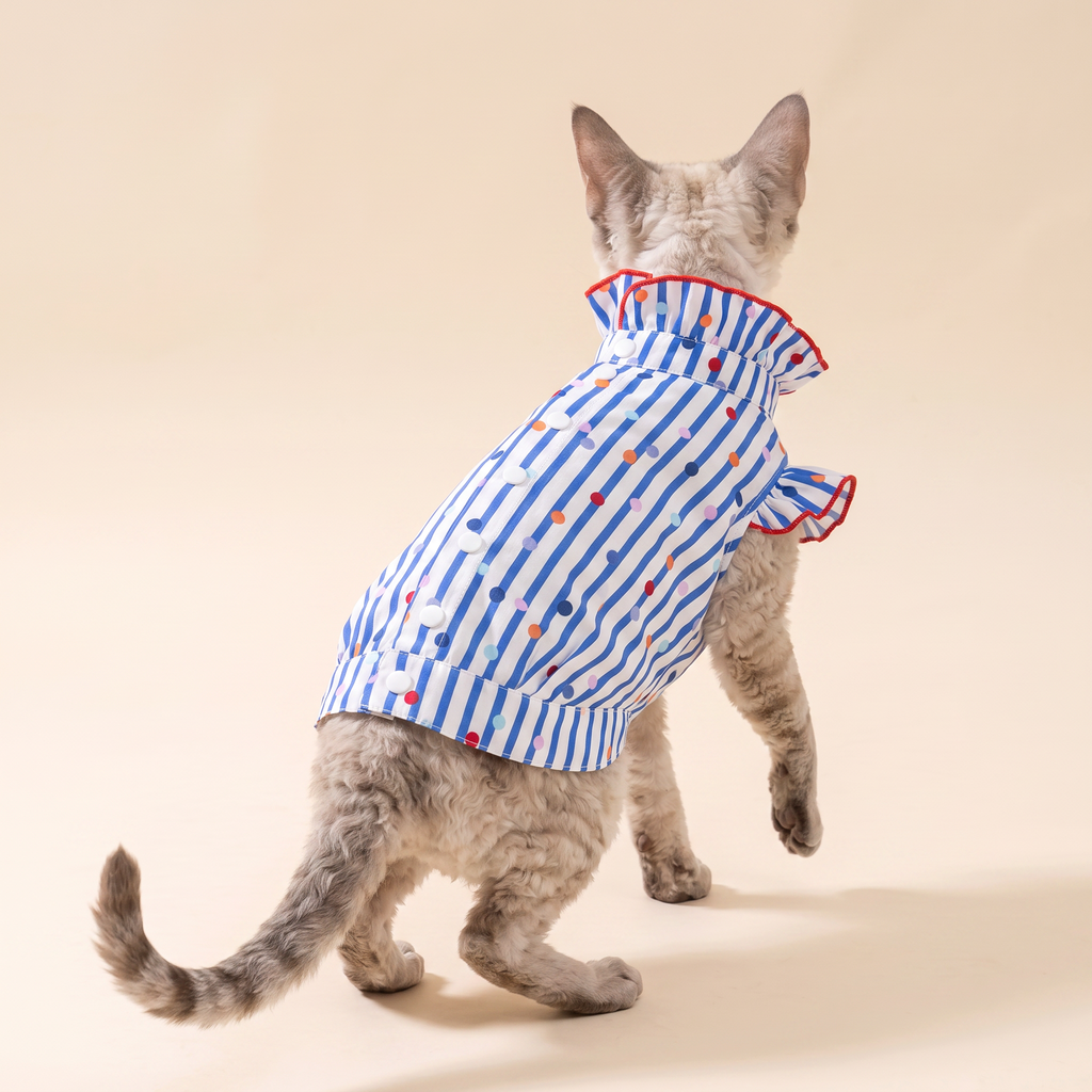 [Chubby melon]Blue & White Stripe Colorful Polka Dot Pet Top, Ruffle Collar Summer Breathable Puppy Shirt