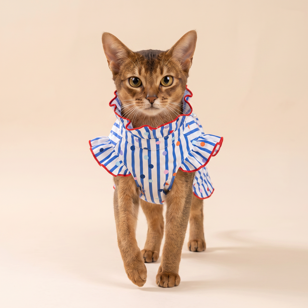 [Chubby melon]Blue & White Stripe Colorful Polka Dot Pet Top, Ruffle Collar Summer Breathable Puppy Shirt