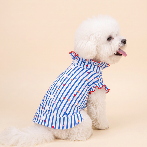 [Chubby melon]Blue & White Stripe Colorful Polka Dot Pet Top, Ruffle Collar Summer Breathable Puppy Shirt