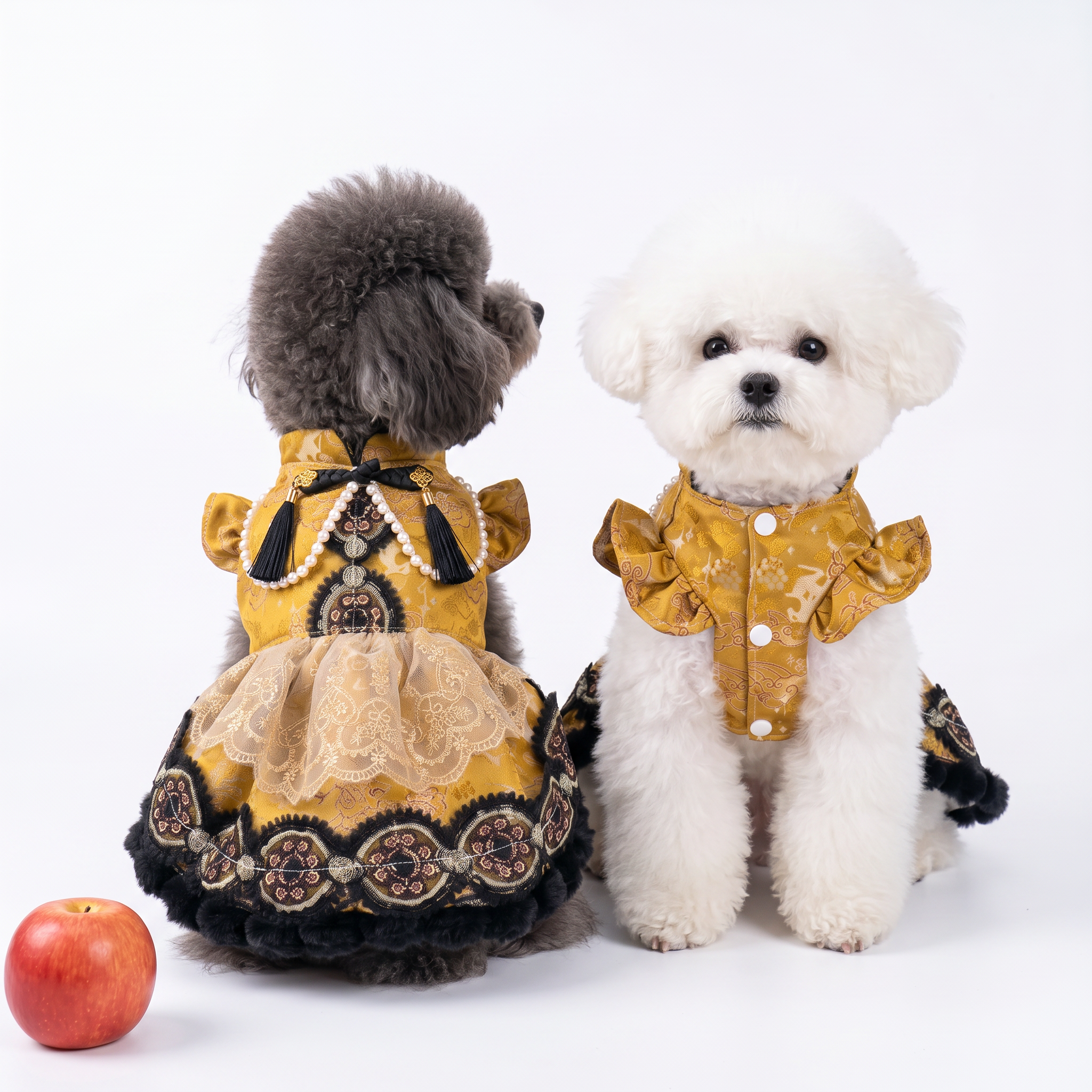 [chubby melon]Vintage Golden Jacquard Chinese Style Pet Lolita Dress, Frog Button Tassel Faux Fur Winter Costume for Small Dogs & Cats