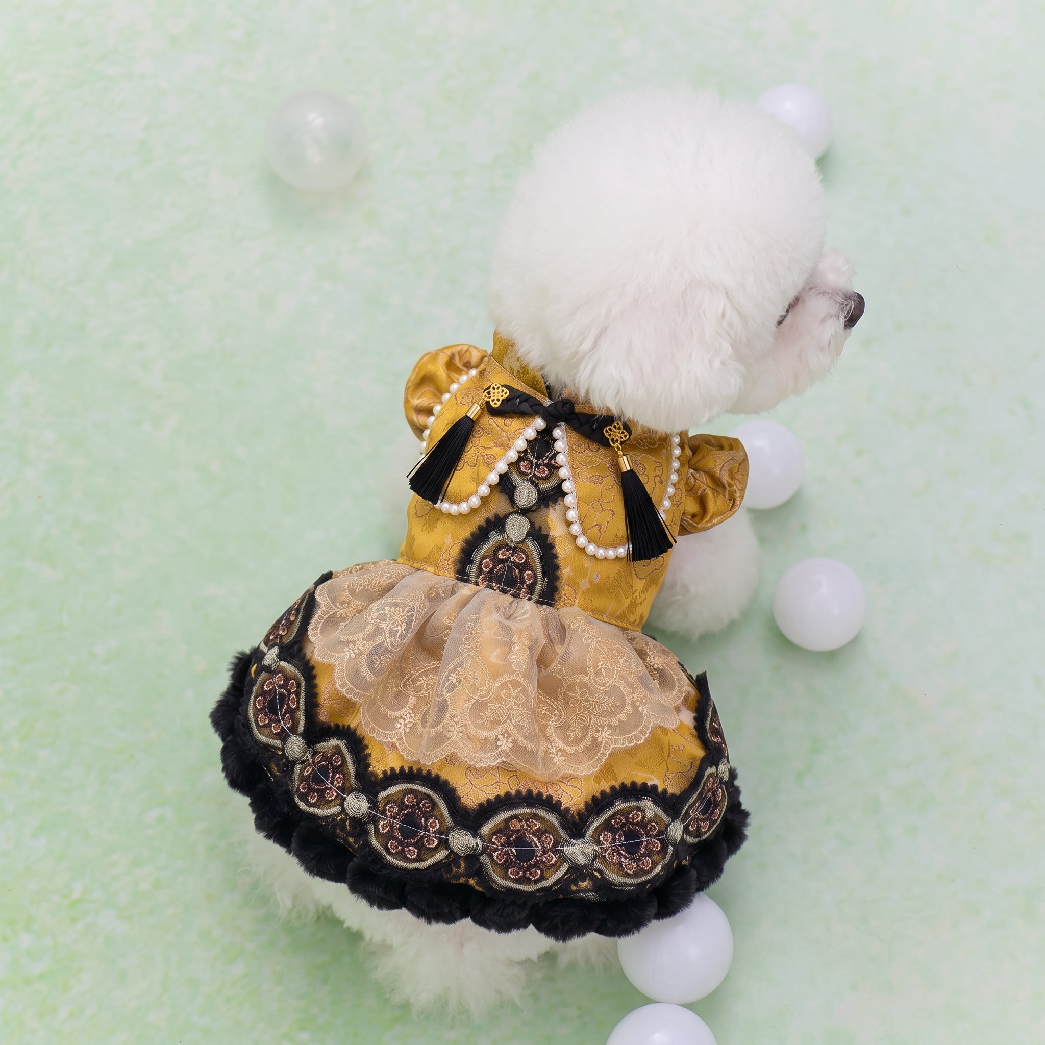 [chubby melon]Vintage Golden Jacquard Chinese Style Pet Lolita Dress, Frog Button Tassel Faux Fur Winter Costume for Small Dogs & Cats