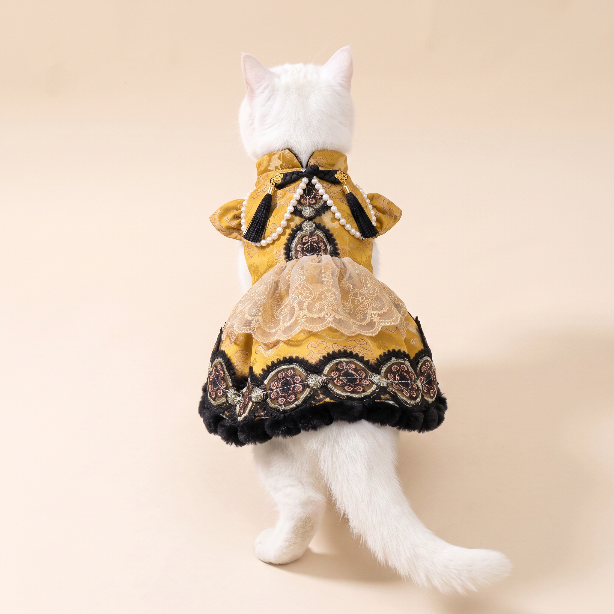 [chubby melon]Vintage Golden Jacquard Chinese Style Pet Lolita Dress, Frog Button Tassel Faux Fur Winter Costume for Small Dogs & Cats