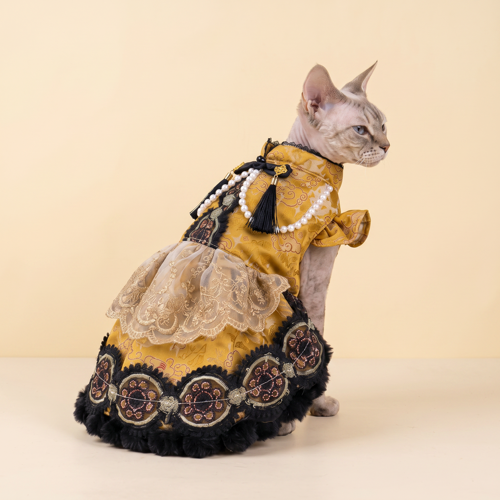 [chubby melon]Vintage Golden Jacquard Chinese Style Pet Lolita Dress, Frog Button Tassel Faux Fur Winter Costume for Small Dogs & Cats