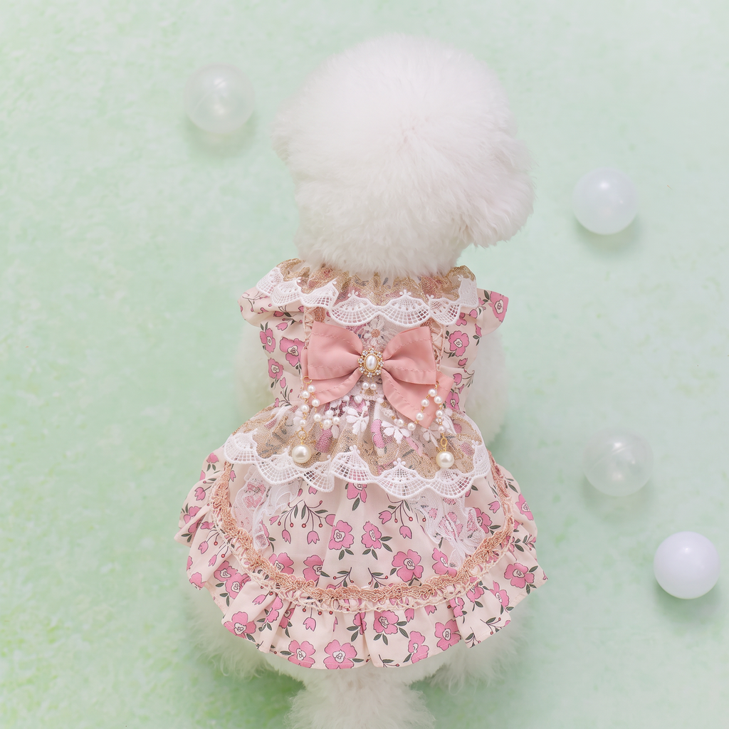[Chubby Melon]Pink Floral Pet Lolita Dress, Lace Pearl Bow Sleeveless Tutu Skirt for Small Dogs & Cats