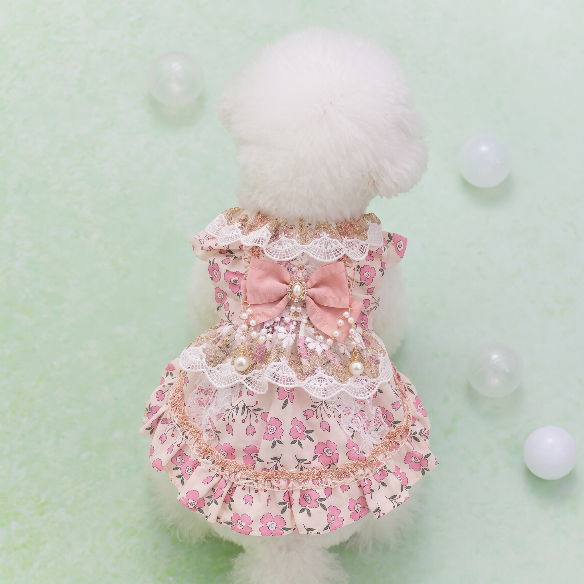 [Chubby Melon]Pink Floral Pet Lolita Dress, Lace Pearl Bow Sleeveless Tutu Skirt for Small Dogs & Cats