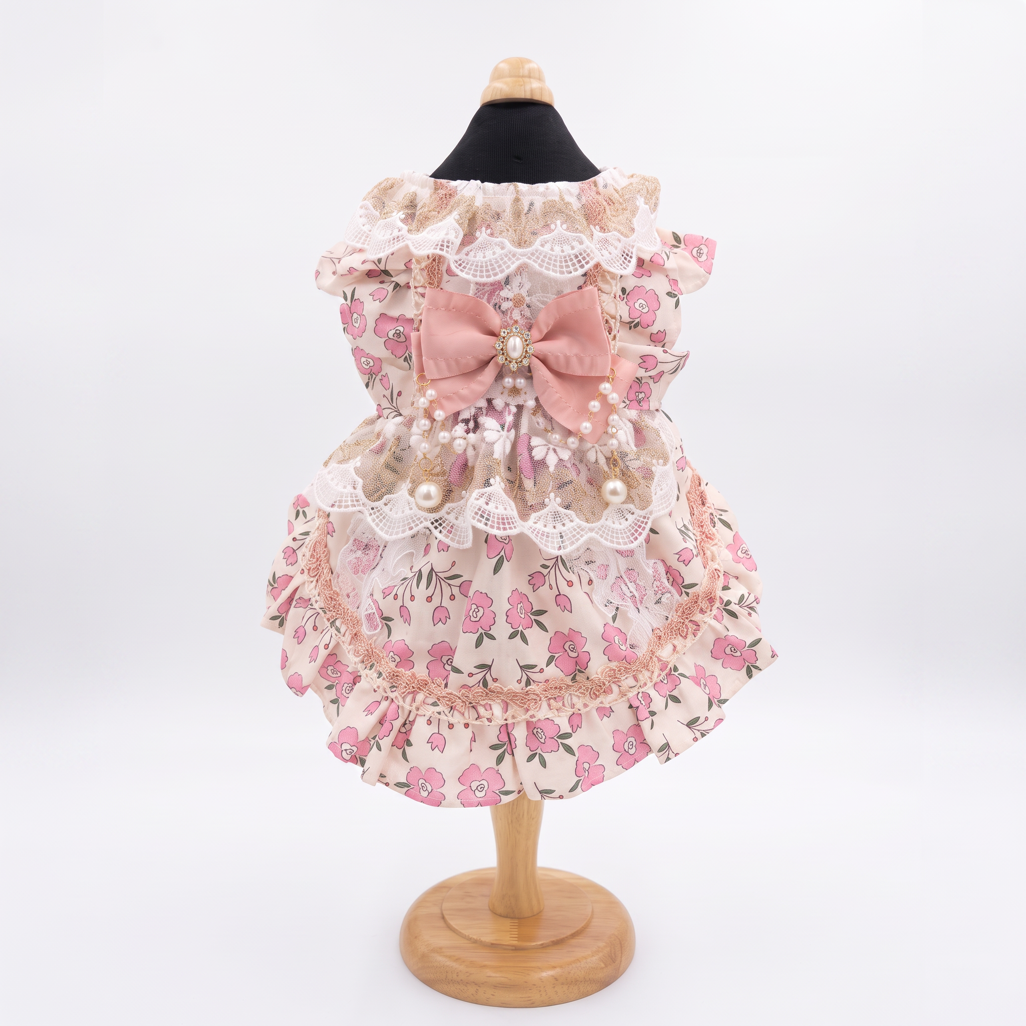 [Chubby Melon]Pink Floral Pet Lolita Dress, Lace Pearl Bow Sleeveless Tutu Skirt for Small Dogs & Cats