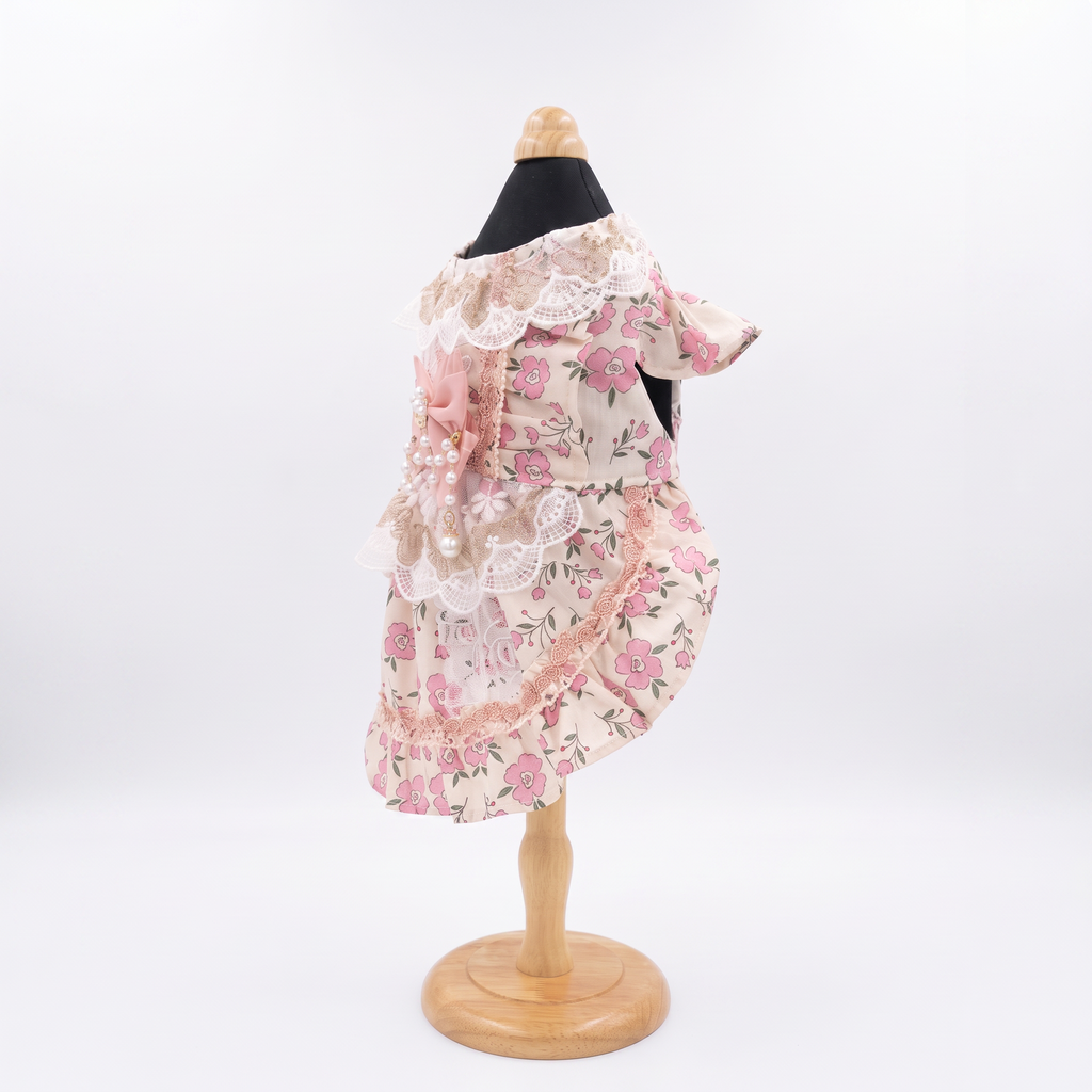 [Chubby Melon]Pink Floral Pet Lolita Dress, Lace Pearl Bow Sleeveless Tutu Skirt for Small Dogs & Cats