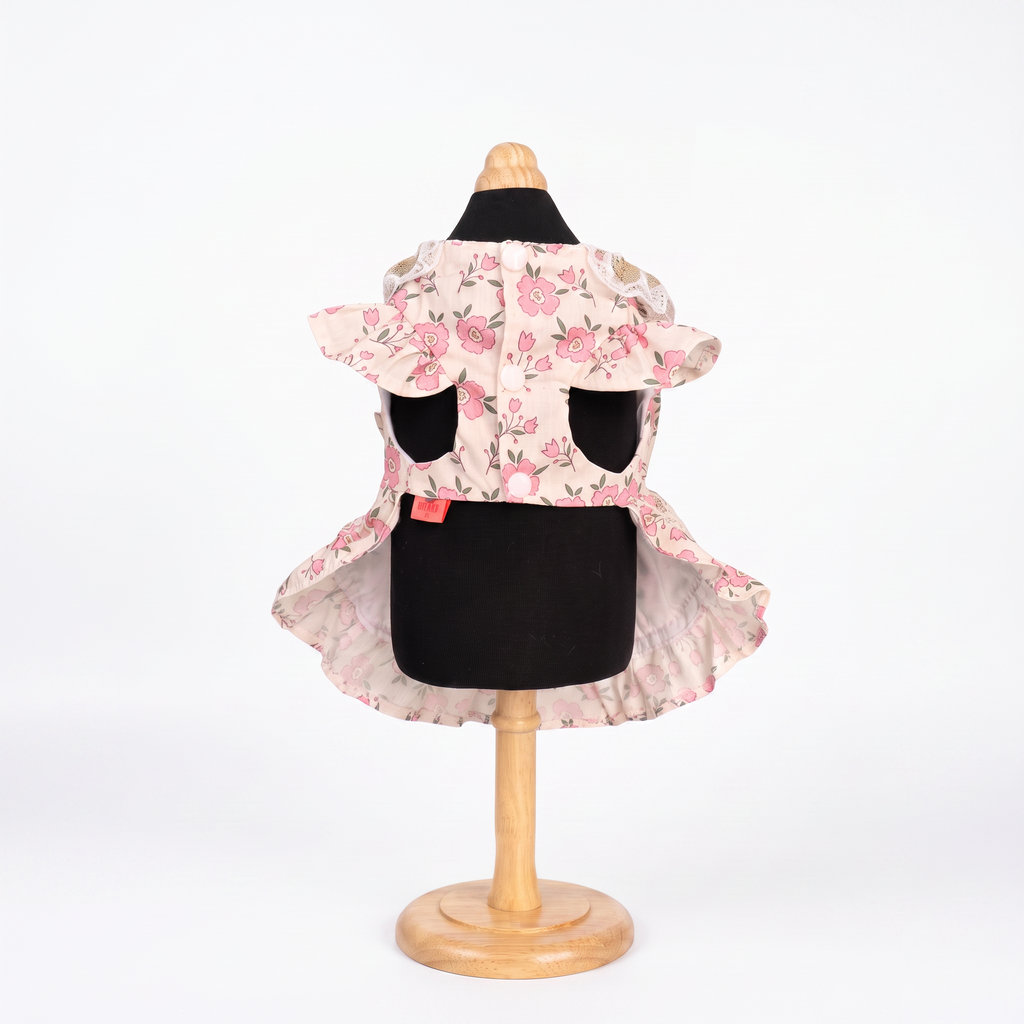 [Chubby Melon]Pink Floral Pet Lolita Dress, Lace Pearl Bow Sleeveless Tutu Skirt for Small Dogs & Cats
