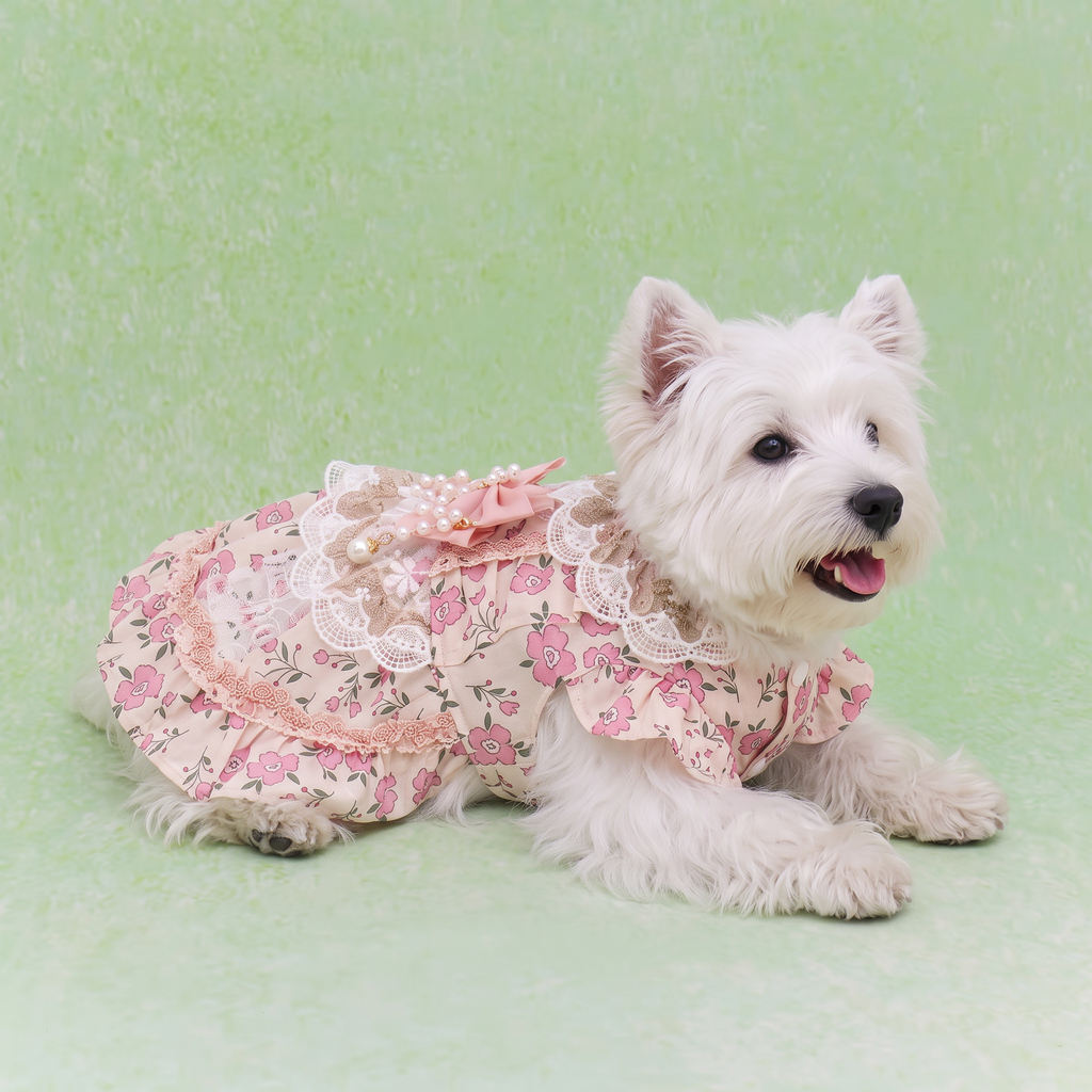 [Chubby Melon]Pink Floral Pet Lolita Dress, Lace Pearl Bow Sleeveless Tutu Skirt for Small Dogs & Cats