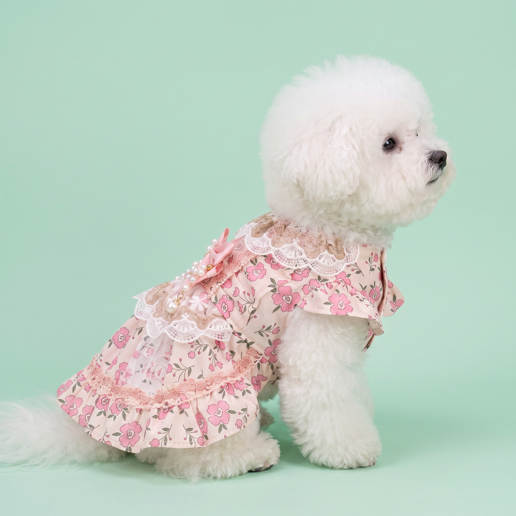 [Chubby Melon]Pink Floral Pet Lolita Dress, Lace Pearl Bow Sleeveless Tutu Skirt for Small Dogs & Cats