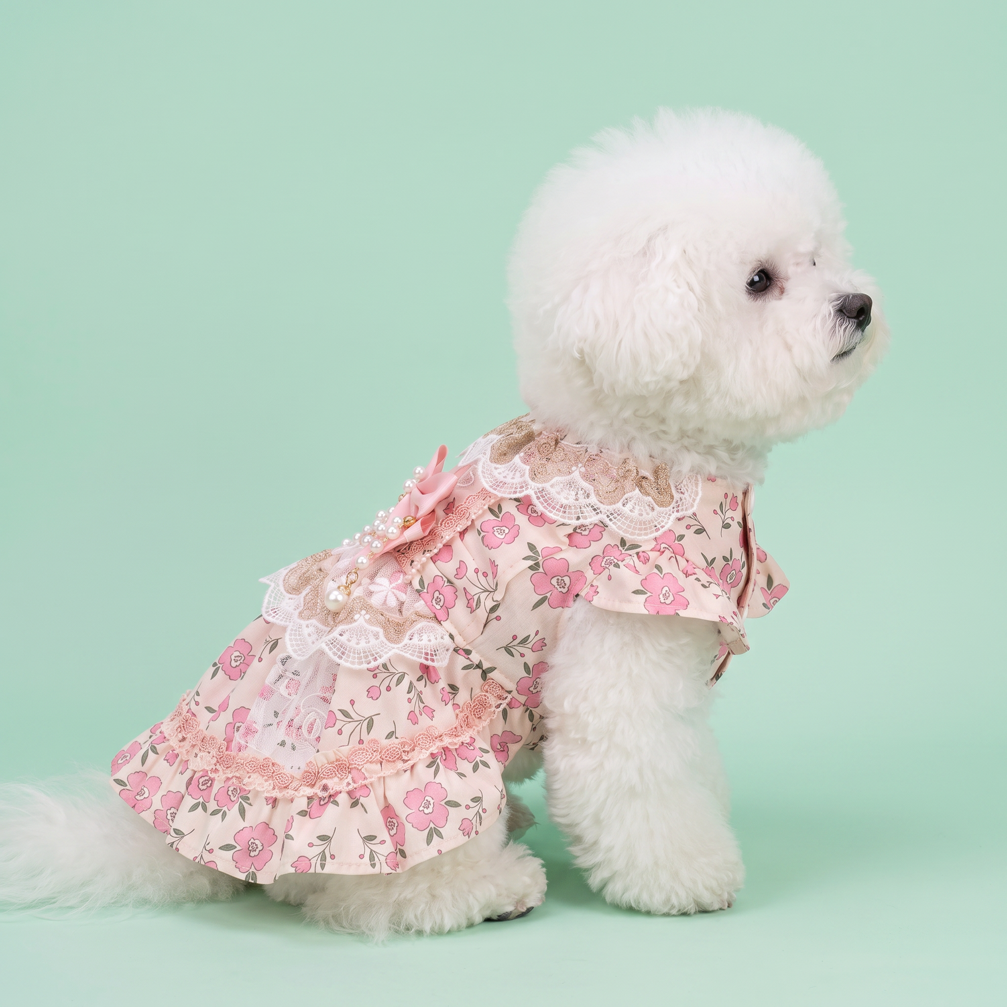 [Chubby Melon]Pink Floral Pet Lolita Dress, Lace Pearl Bow Sleeveless Tutu Skirt for Small Dogs & Cats