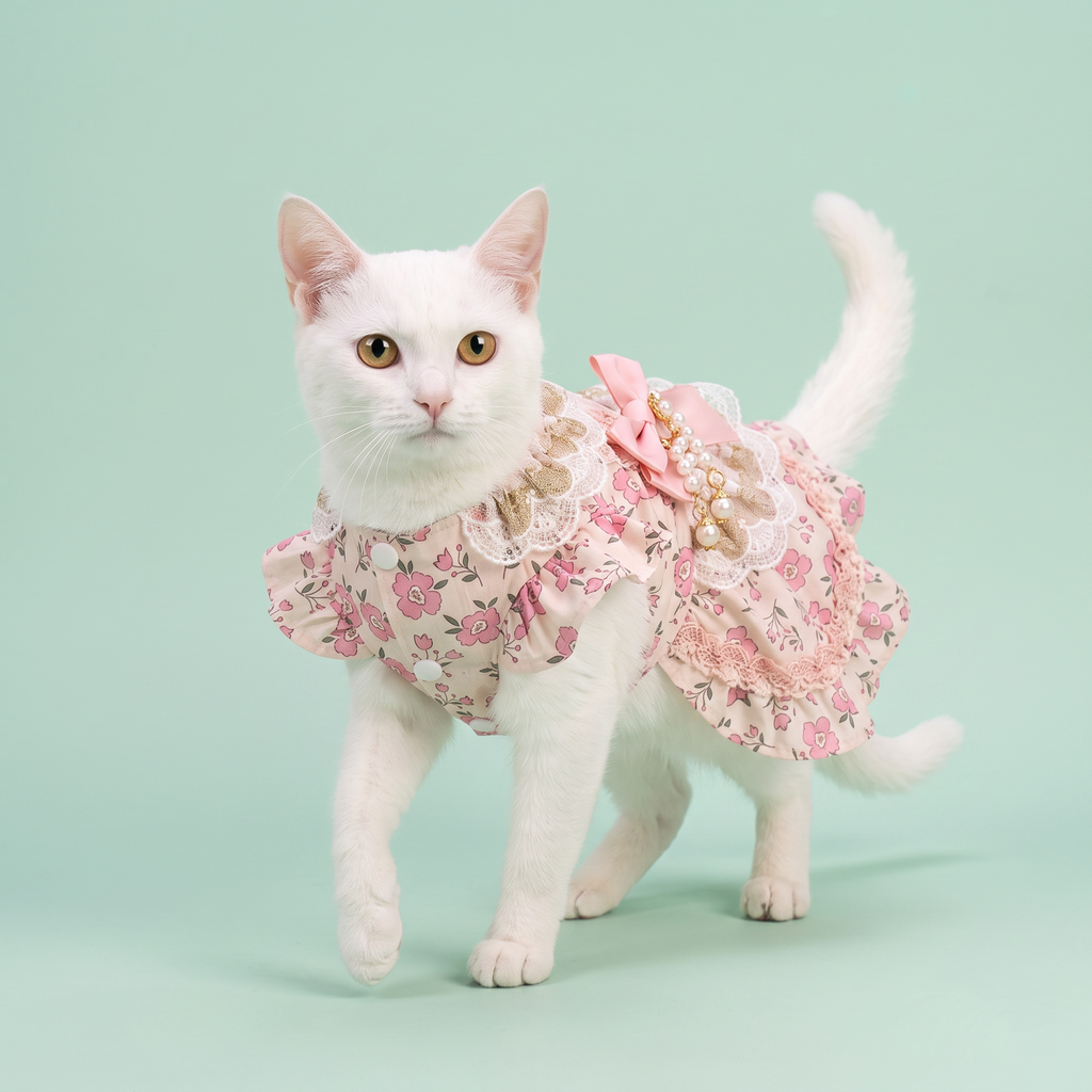 [Chubby Melon]Pink Floral Pet Lolita Dress, Lace Pearl Bow Sleeveless Tutu Skirt for Small Dogs & Cats