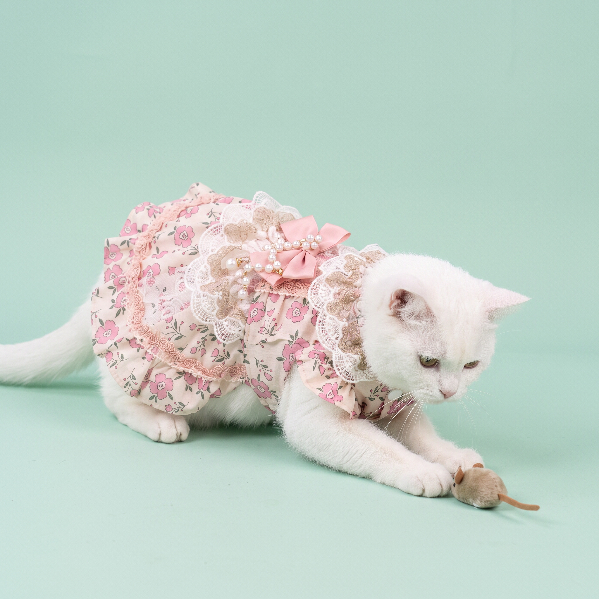 [Chubby Melon]Pink Floral Pet Lolita Dress, Lace Pearl Bow Sleeveless Tutu Skirt for Small Dogs & Cats