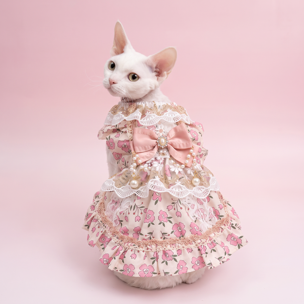 [Chubby Melon]Pink Floral Pet Lolita Dress, Lace Pearl Bow Sleeveless Tutu Skirt for Small Dogs & Cats