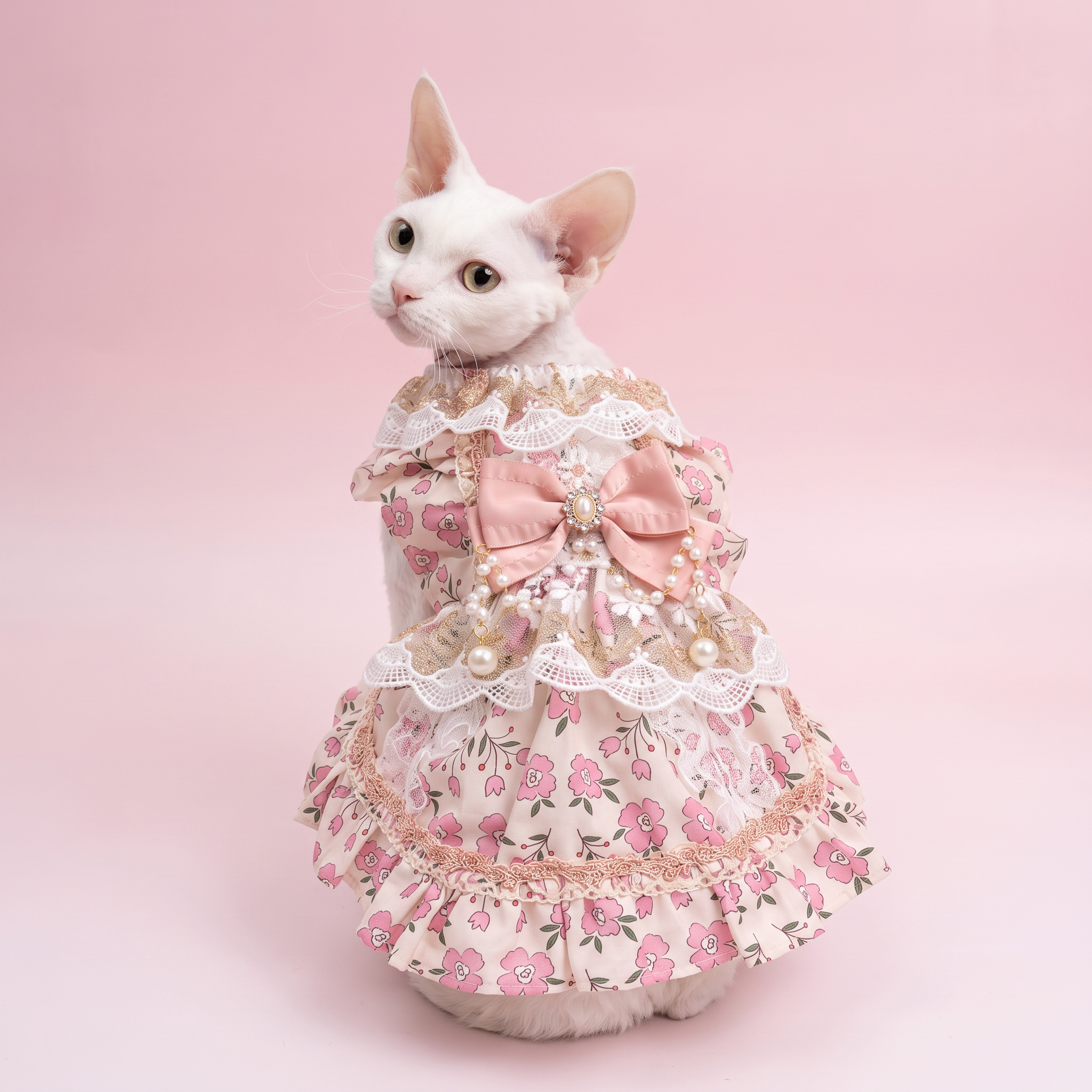 [Chubby Melon]Pink Floral Pet Lolita Dress, Lace Pearl Bow Sleeveless Tutu Skirt for Small Dogs & Cats