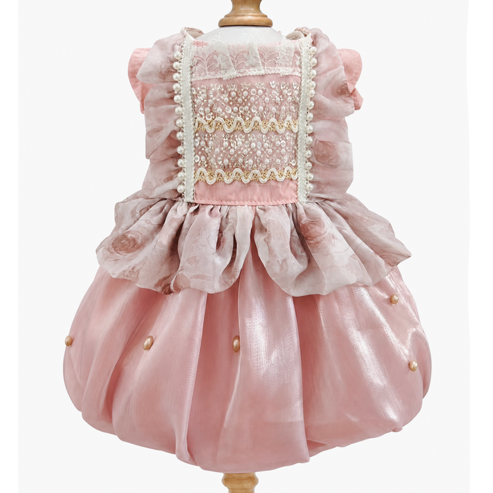 [Pangxigua]Romantic Blush Pearl Embellished Pet Formal Outfit, Ruffle Sleeveless Floral Overlay Dog Birthday Party Dress