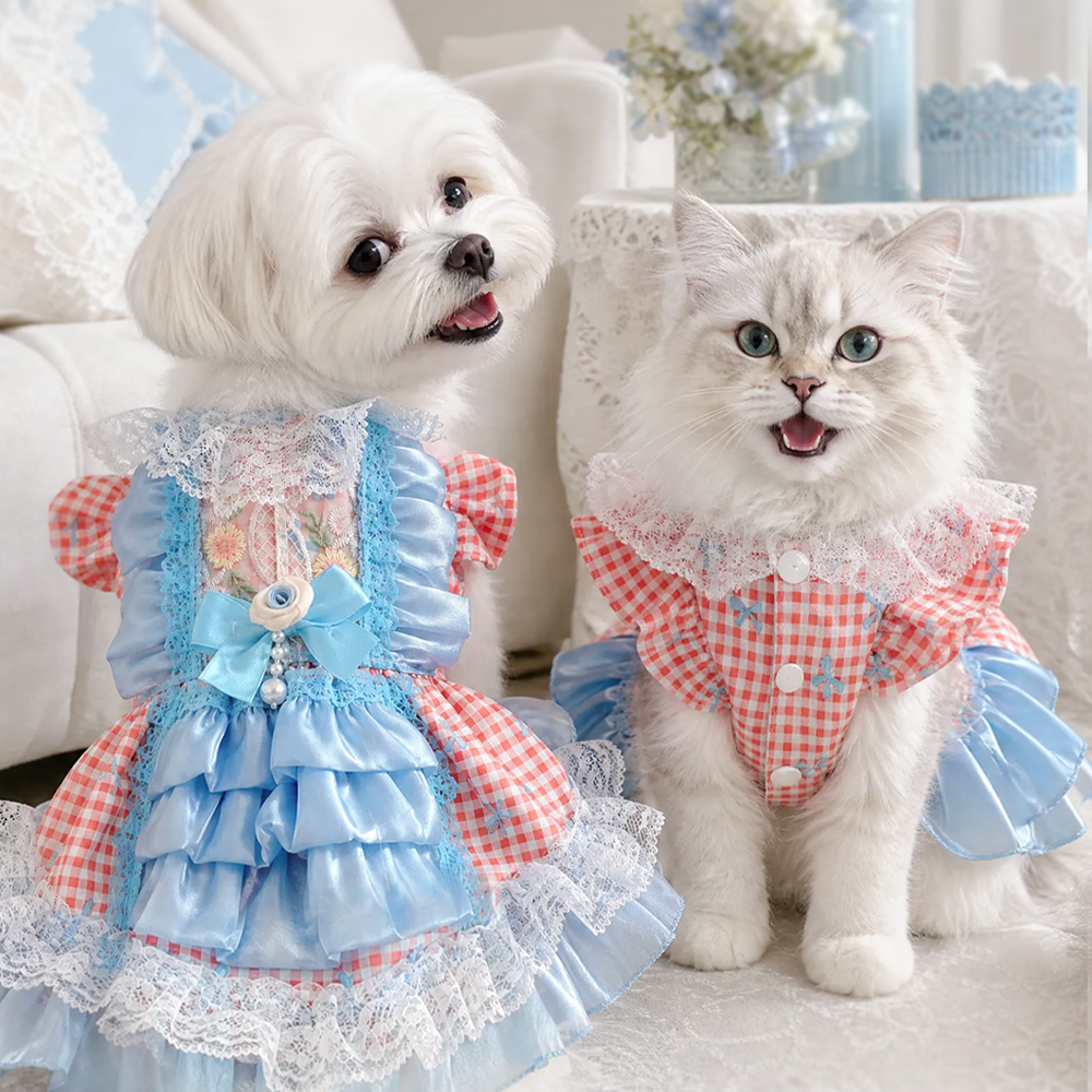 [Pangxigua]Red Gingham Check Pet Lolita Dress, Cyan Lace Ruffle Floral Embroidery Chest Blue Satin Tiered Puppy Tutu