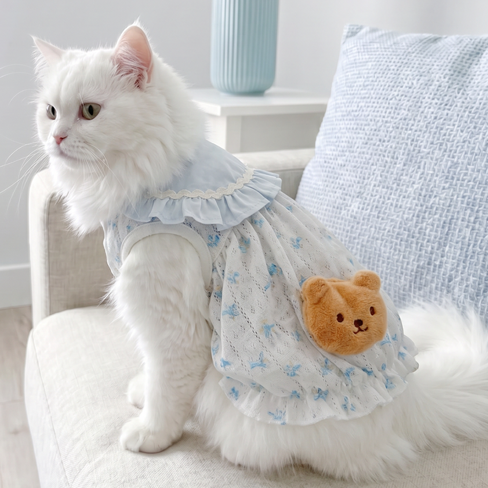 [PangXigua]Light Blue Ruffle Collar Pet Bubble Dress, Blue Bow Print Breathable Mesh Fabric Plaid Bow Plush Bear  Puppy Summer Outfit