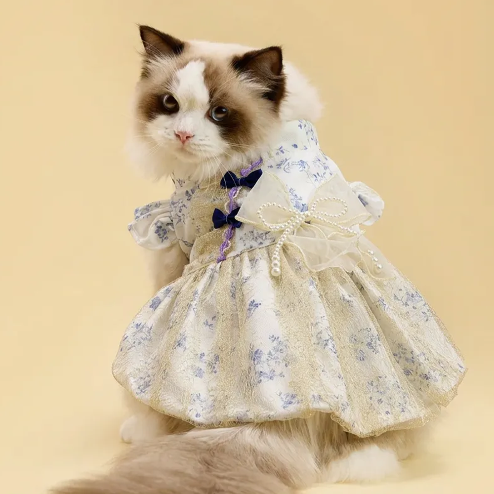 [Pangxigua]Vintage ink floral cheongsam pet princess dress, dark blue bow beaded chain outfit for small dog/cat photoshoots