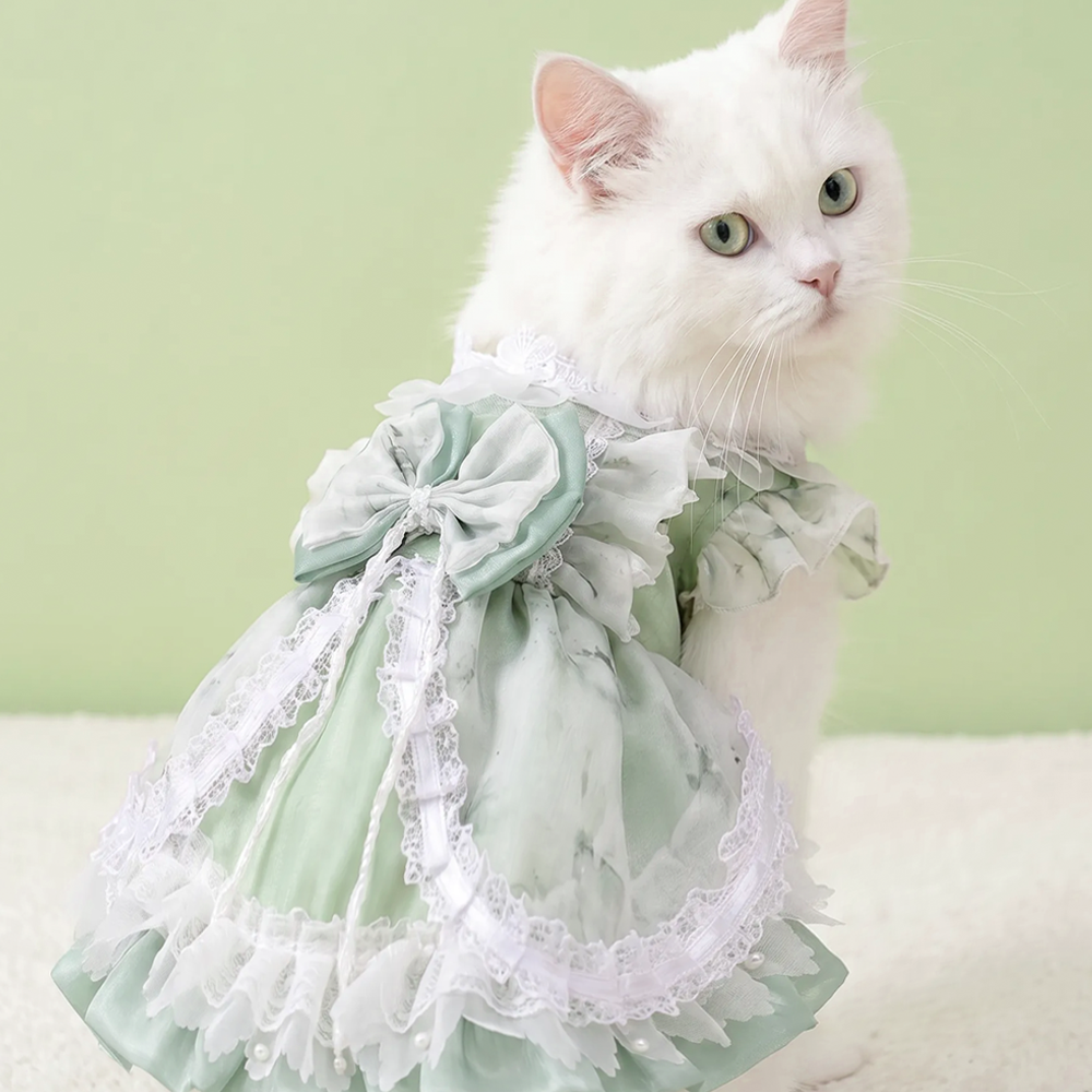 Forest-style mint green organza pet dress with pearl lace—fluffy party dress for cats and small dogs