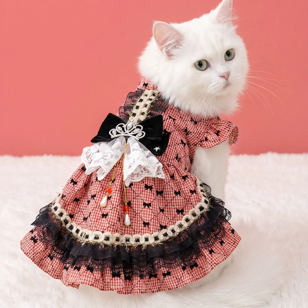 [Pangxigua] Red GinghamMini Bow Print Pet Lolita Dress, Rhinestone Crown Black Velvet Bow Gold Fringe Lace Skirt Puppy Party Gown
