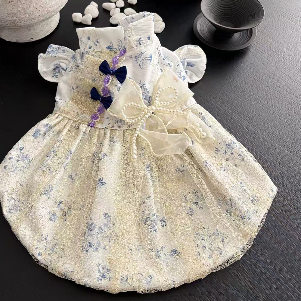 [Pangxigua]Vintage ink floral cheongsam pet princess dress, dark blue bow beaded chain outfit for small dog/cat photoshoots