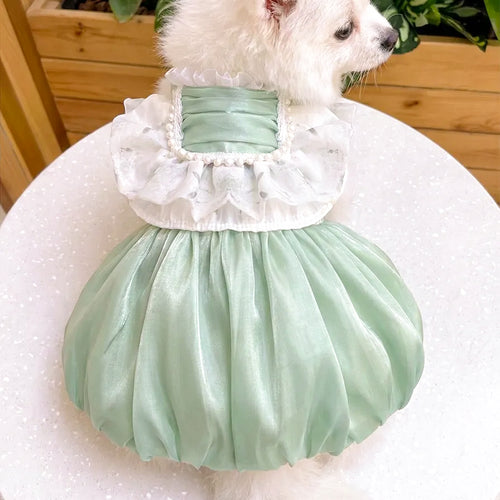 [Fat Watermelon] Pearlescent Green Pearl Pet Princess Dress, Sleeveless Ruffle Formal Gown for Cats & Dogs