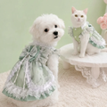 Forest-style mint green organza pet dress with pearl lace—fluffy party dress for cats and small dogs