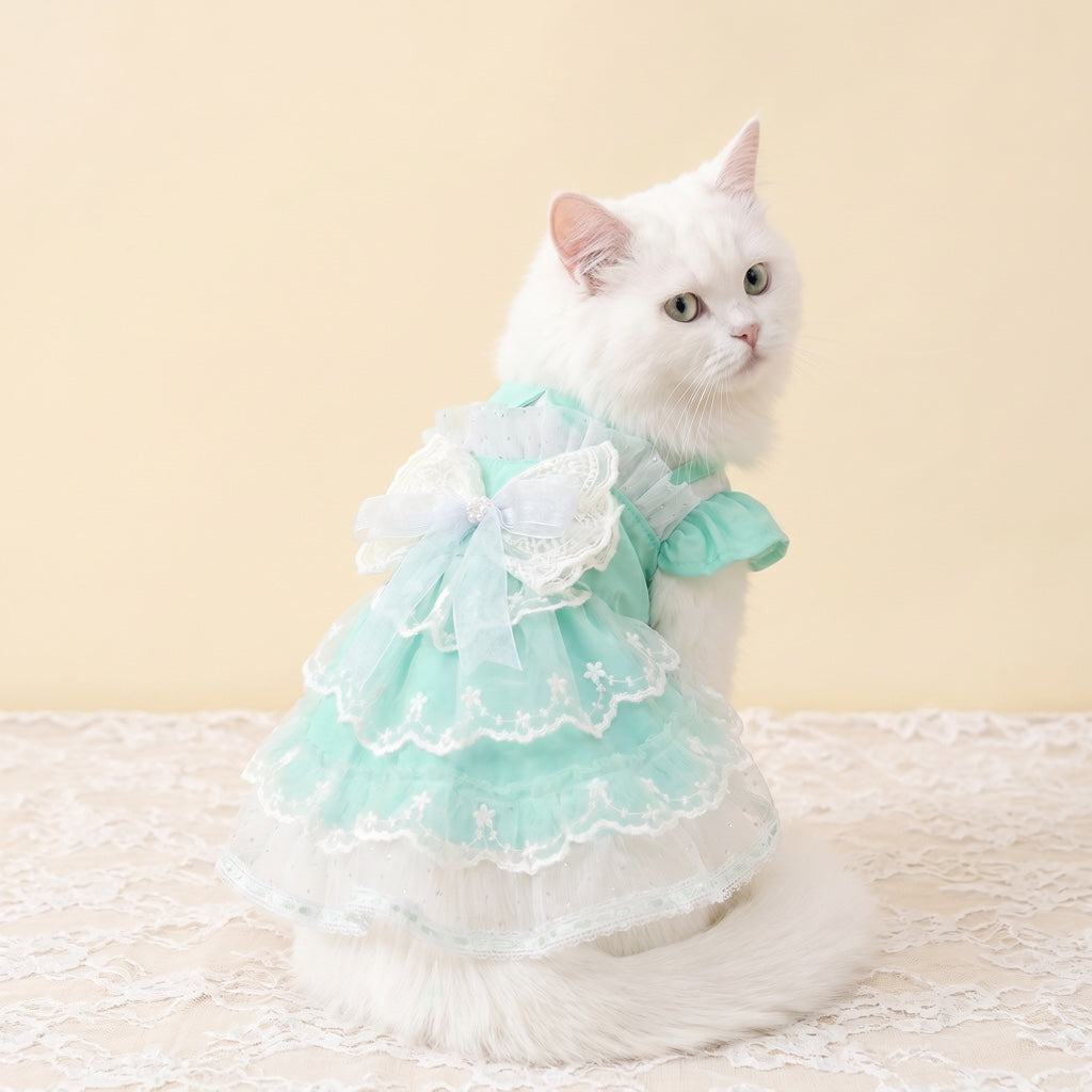 Mint‑Green Lace Dog Wedding Dress, Princess Tutu Skirt with Bow‑Knot, Summer Breathable Pet Party Outfit for Small Dogs Cats, Bichon, Poodle, Teddy