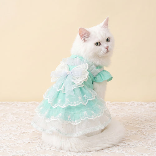Mint‑Green Lace Dog Wedding Dress, Princess Tutu Skirt with Bow‑Knot, Summer Breathable Pet Party Outfit for Small Dogs Cats, Bichon, Poodle, Teddy