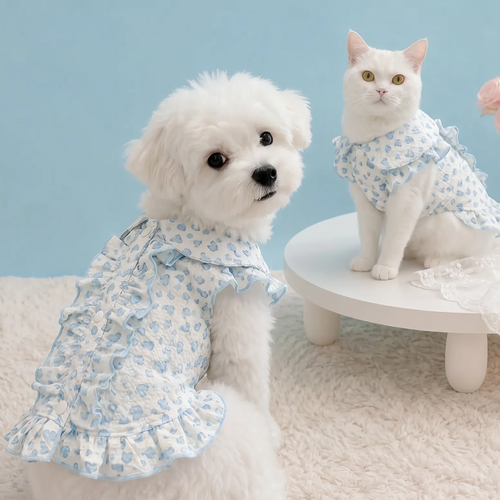 [Pangxigua]Cute Blue Heart Ruffle Collar Pet Vest, Soft Breathable Sleeveless Shirt for Cats & Small Puppies, Daily Wear Dog Cat Outfit
