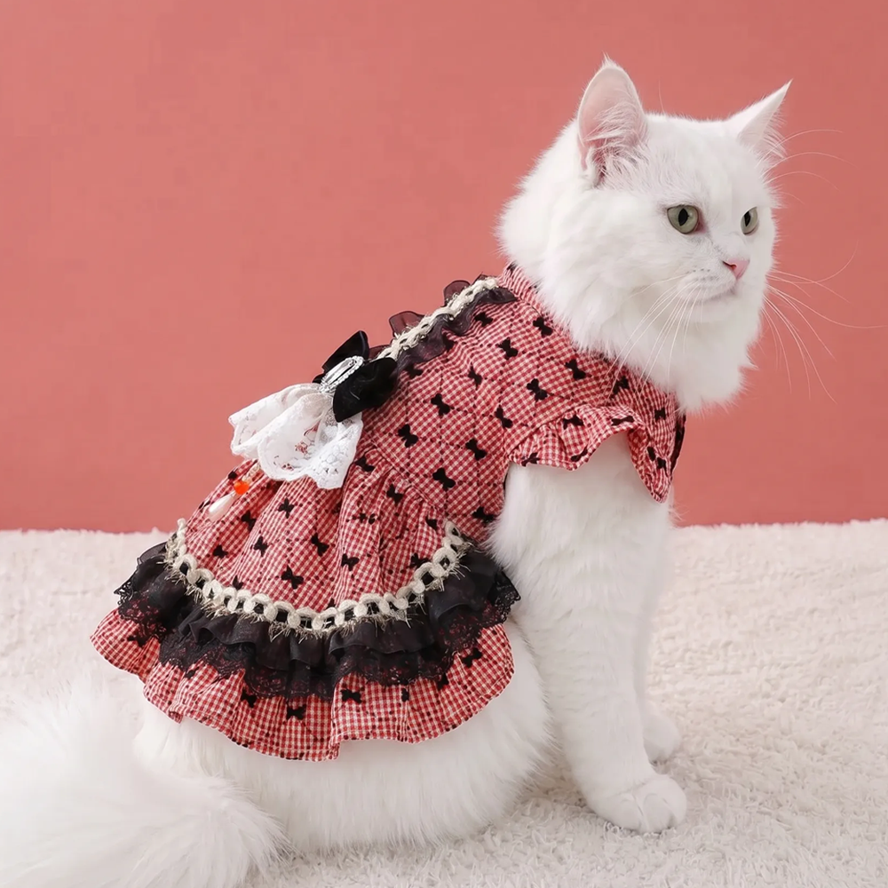 [Pangxigua] Red GinghamMini Bow Print Pet Lolita Dress, Rhinestone Crown Black Velvet Bow Gold Fringe Lace Skirt Puppy Party Gown