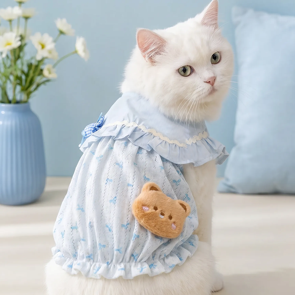 [PangXigua]Light Blue Ruffle Collar Pet Bubble Dress, Blue Bow Print Breathable Mesh Fabric Plaid Bow Plush Bear  Puppy Summer Outfit