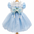 [Pangxigua]Light Blue Shimmer Organza Pet Princess Tutu Dress, Pearl Bow White Lace Ruffle Collar Puppy Wedding Party Gown