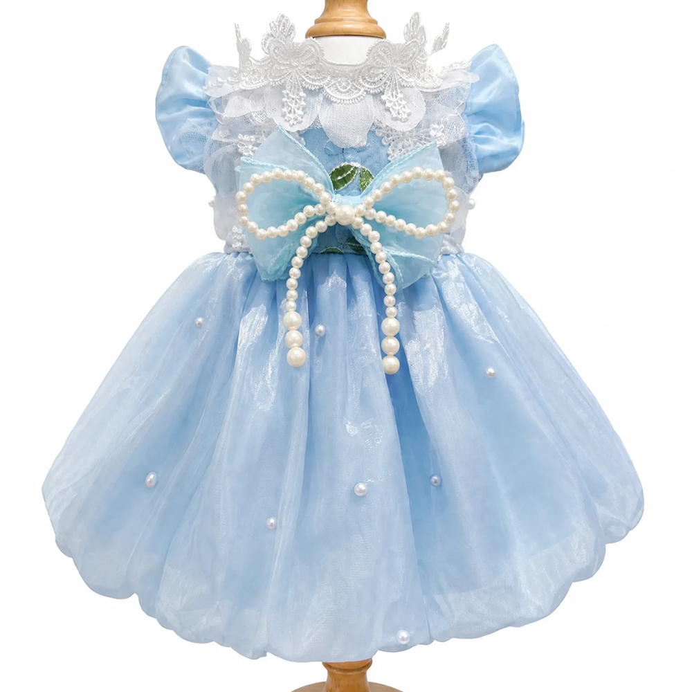 [Pangxigua]Light Blue Shimmer Organza Pet Princess Tutu Dress, Pearl Bow White Lace Ruffle Collar Puppy Wedding Party Gown