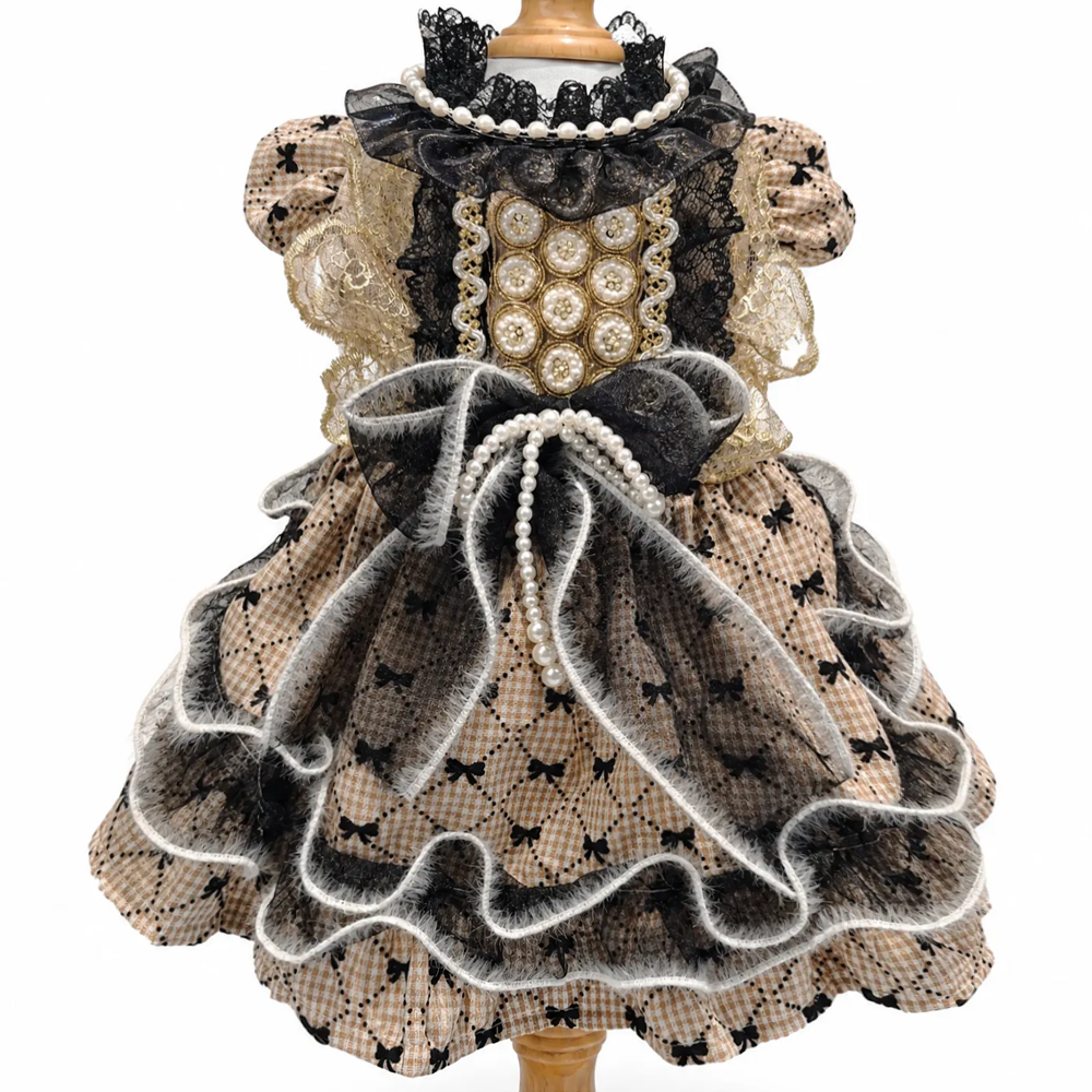 【Pangxigua】Dark Rococo Style Pet Formal Outfit, Gold Circular Bead Chest Panel Black Lace Ruffle Dog Birthday Dress