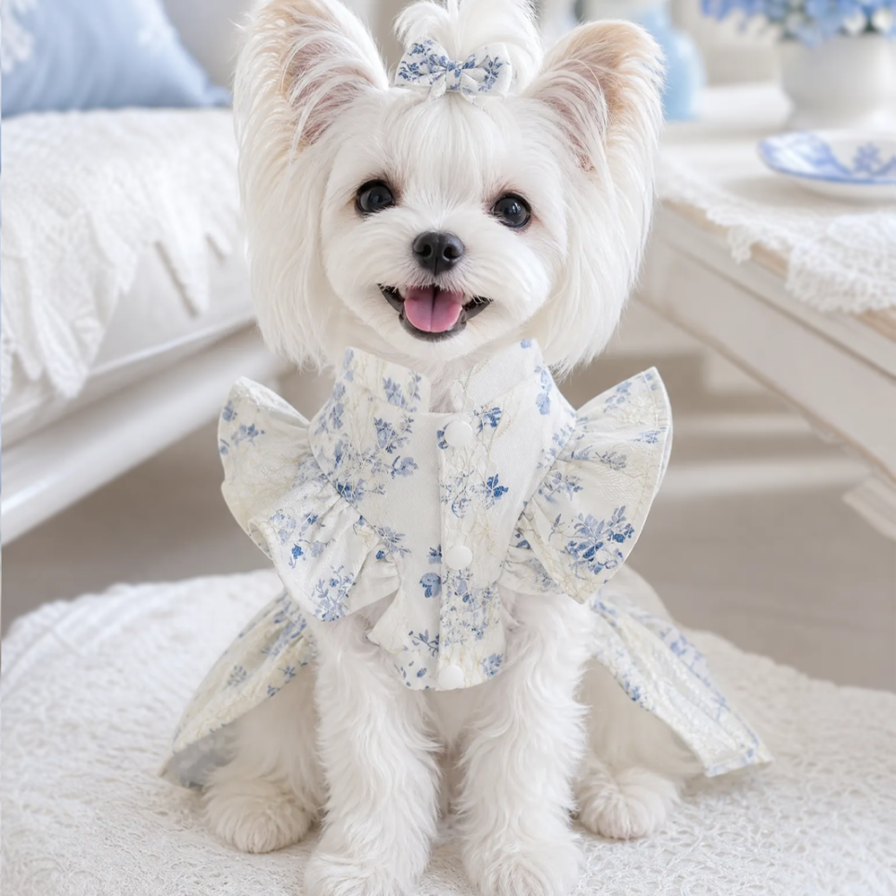 [Pangxigua]Vintage ink floral cheongsam pet princess dress, dark blue bow beaded chain outfit for small dog/cat photoshoots