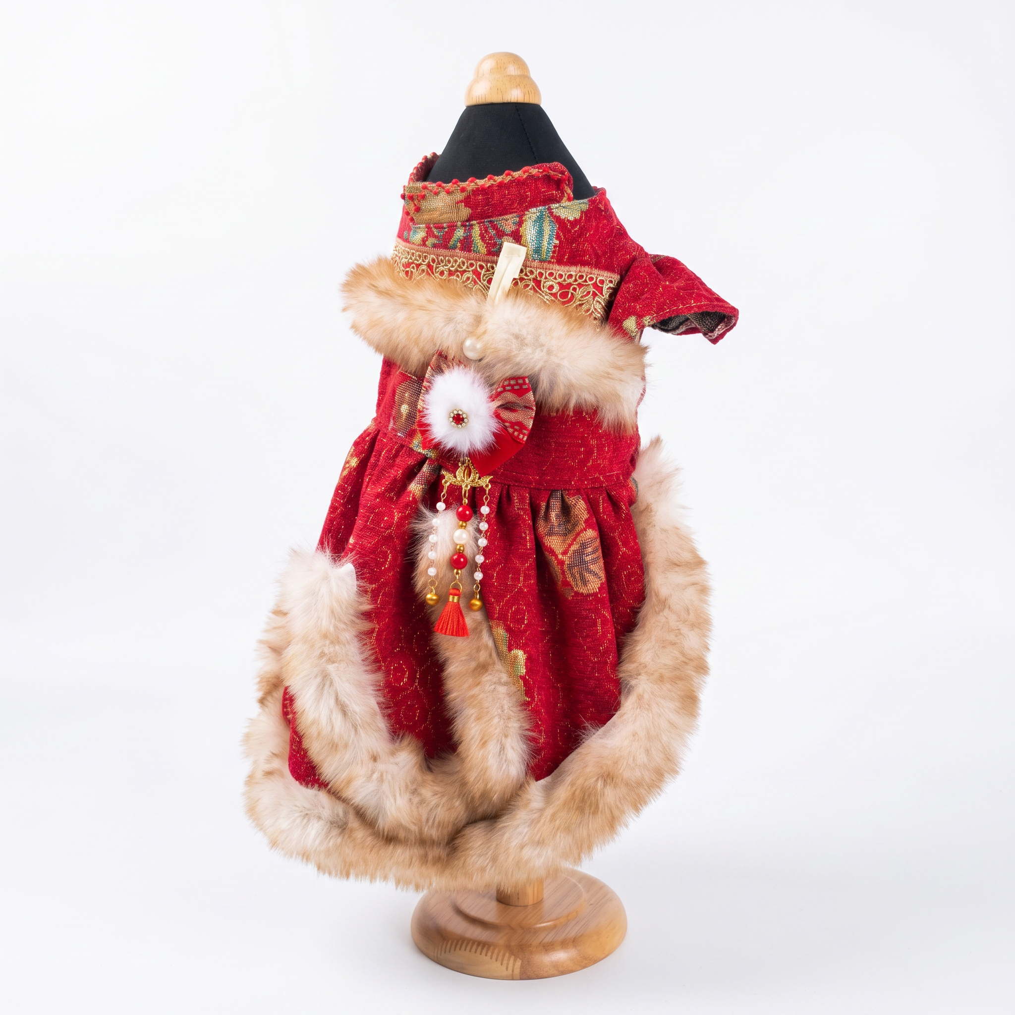 [Chubby Melon]Christmas Winter Dress for Dogs, Luxury Red Pet Gown with Fluffy Fur Trim, Vintage Floral Warm Outfit for Small Dogs and Cats, Perfect for Holiday Photoshoots