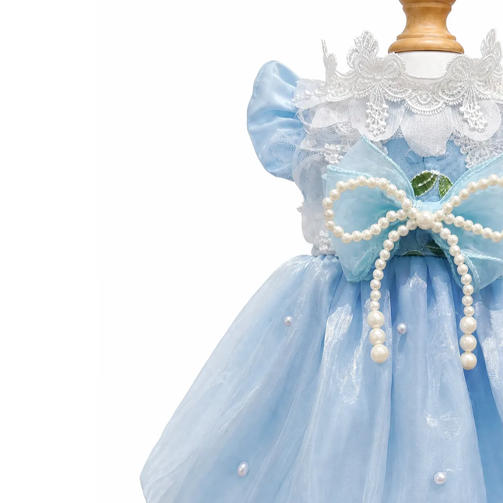 [Pangxigua]Light Blue Shimmer Organza Pet Princess Tutu Dress, Pearl Bow White Lace Ruffle Collar Puppy Wedding Party Gown