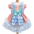 [Pangxigua]Red Gingham Check Pet Lolita Dress, Cyan Lace Ruffle Floral Embroidery Chest Blue Satin Tiered Puppy Tutu