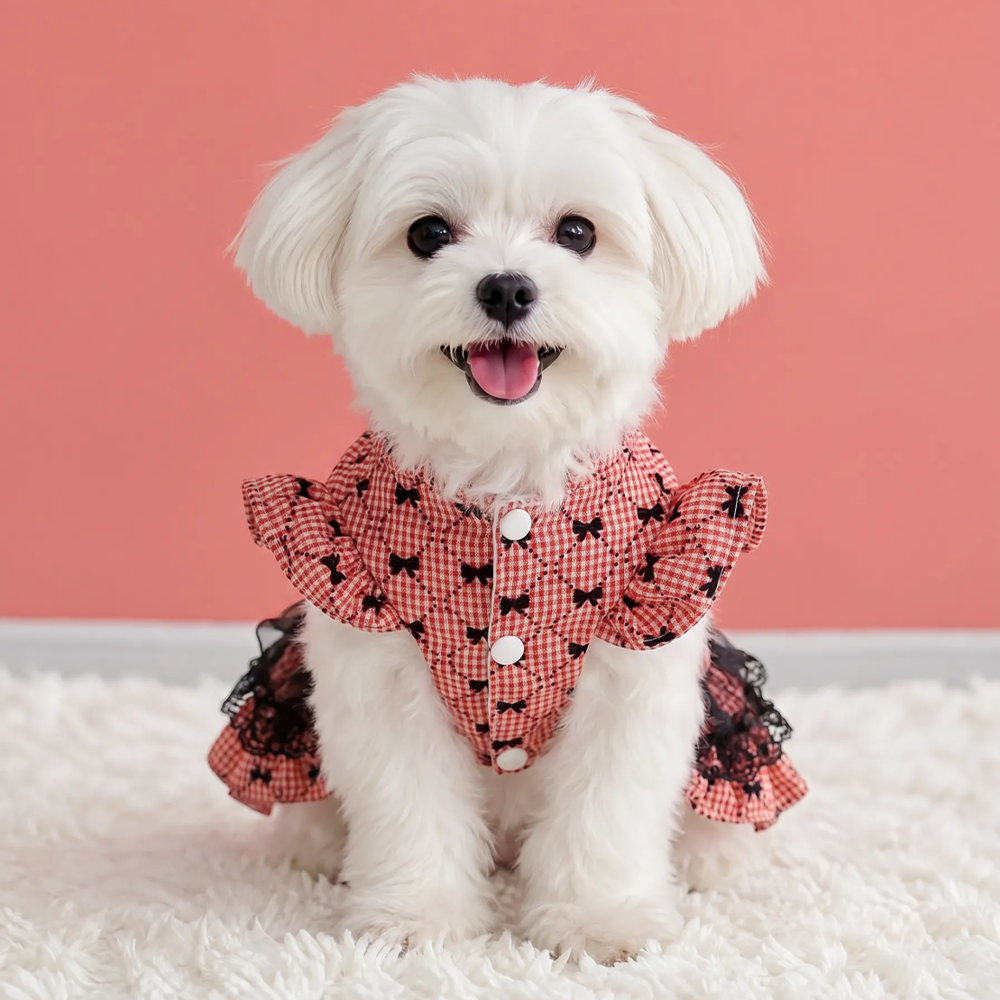 [Pangxigua] Red GinghamMini Bow Print Pet Lolita Dress, Rhinestone Crown Black Velvet Bow Gold Fringe Lace Skirt Puppy Party Gown