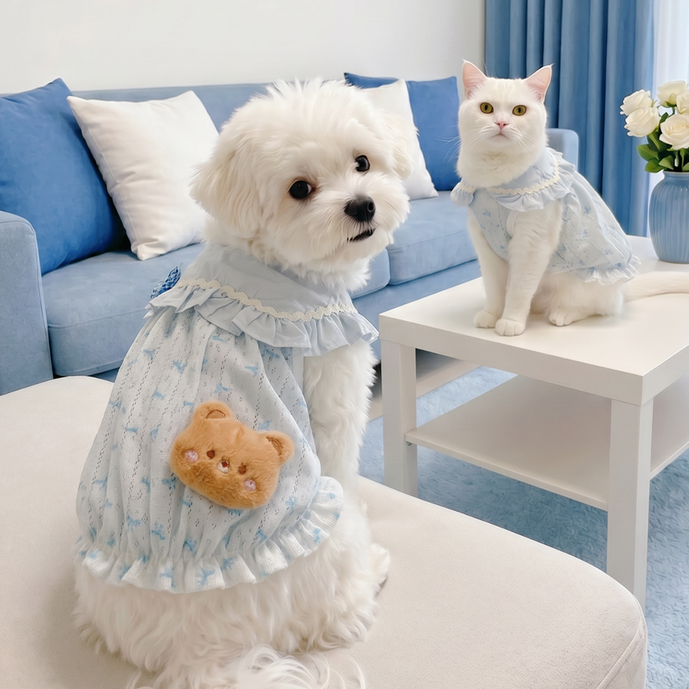 [PangXigua]Light Blue Ruffle Collar Pet Bubble Dress, Blue Bow Print Breathable Mesh Fabric Plaid Bow Plush Bear  Puppy Summer Outfit