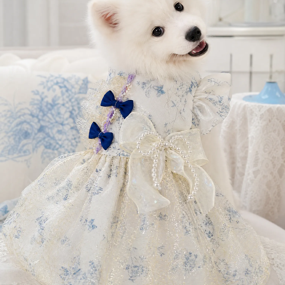 [Pangxigua]Vintage ink floral cheongsam pet princess dress, dark blue bow beaded chain outfit for small dog/cat photoshoots
