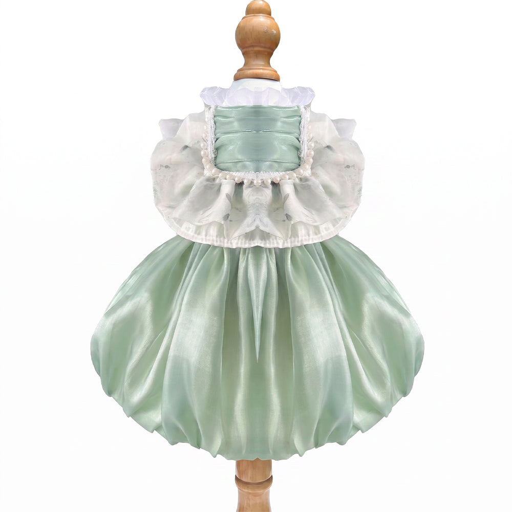 [Fat Watermelon] Pearlescent Green Pearl Pet Princess Dress, Sleeveless Ruffle Formal Gown for Cats & Dogs