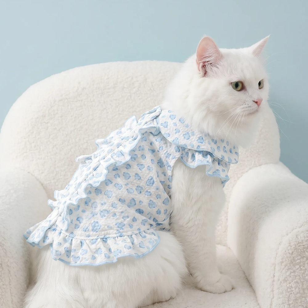 [Pangxigua]Cute Blue Heart Ruffle Collar Pet Vest, Soft Breathable Sleeveless Shirt for Cats & Small Puppies, Daily Wear Dog Cat Outfit