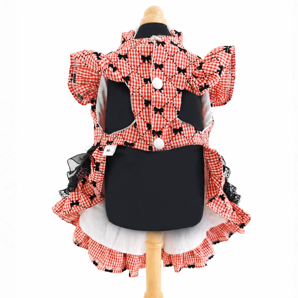 [Pangxigua] Red GinghamMini Bow Print Pet Lolita Dress, Rhinestone Crown Black Velvet Bow Gold Fringe Lace Skirt Puppy Party Gown