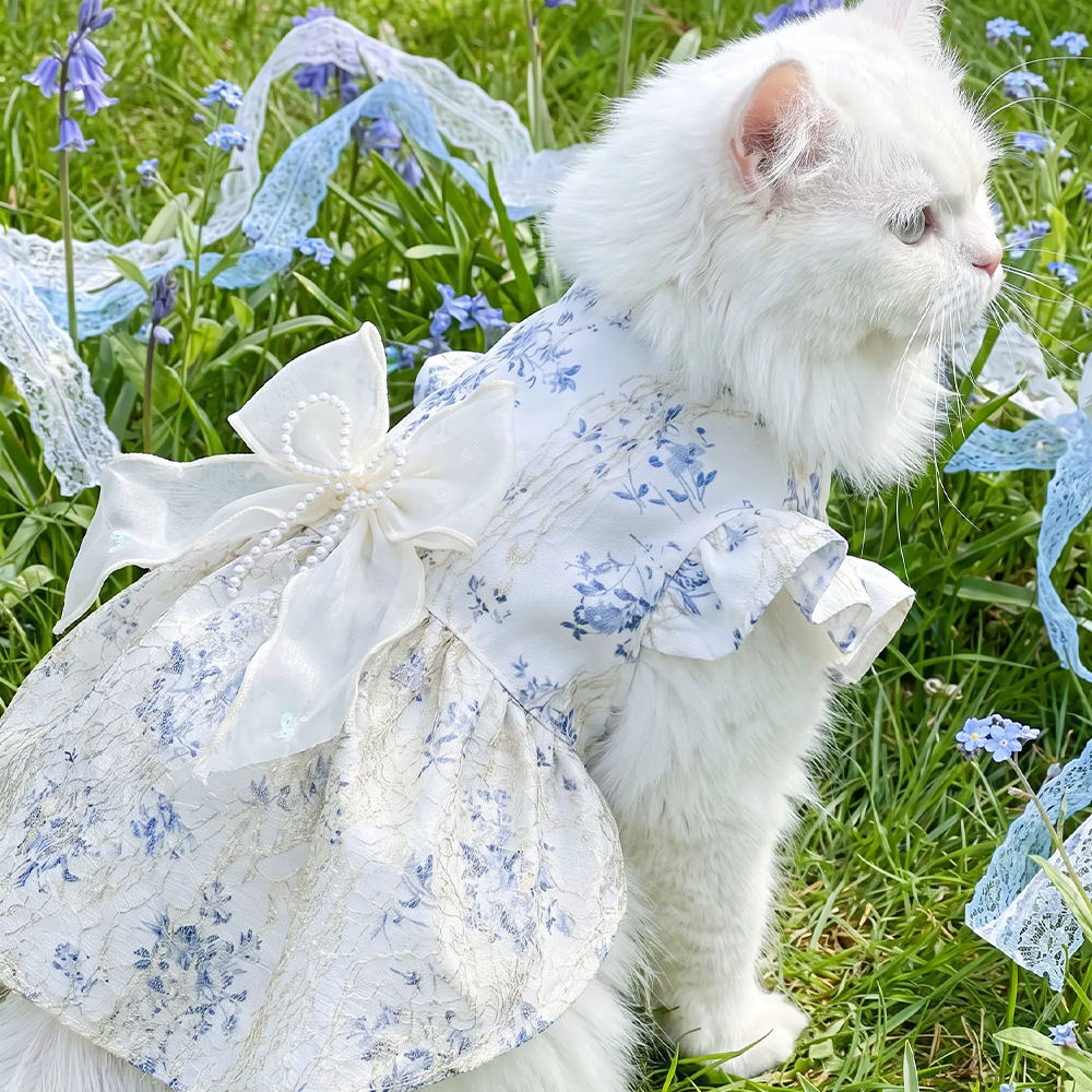 [Pangxigua]Vintage ink floral cheongsam pet princess dress, dark blue bow beaded chain outfit for small dog/cat photoshoots