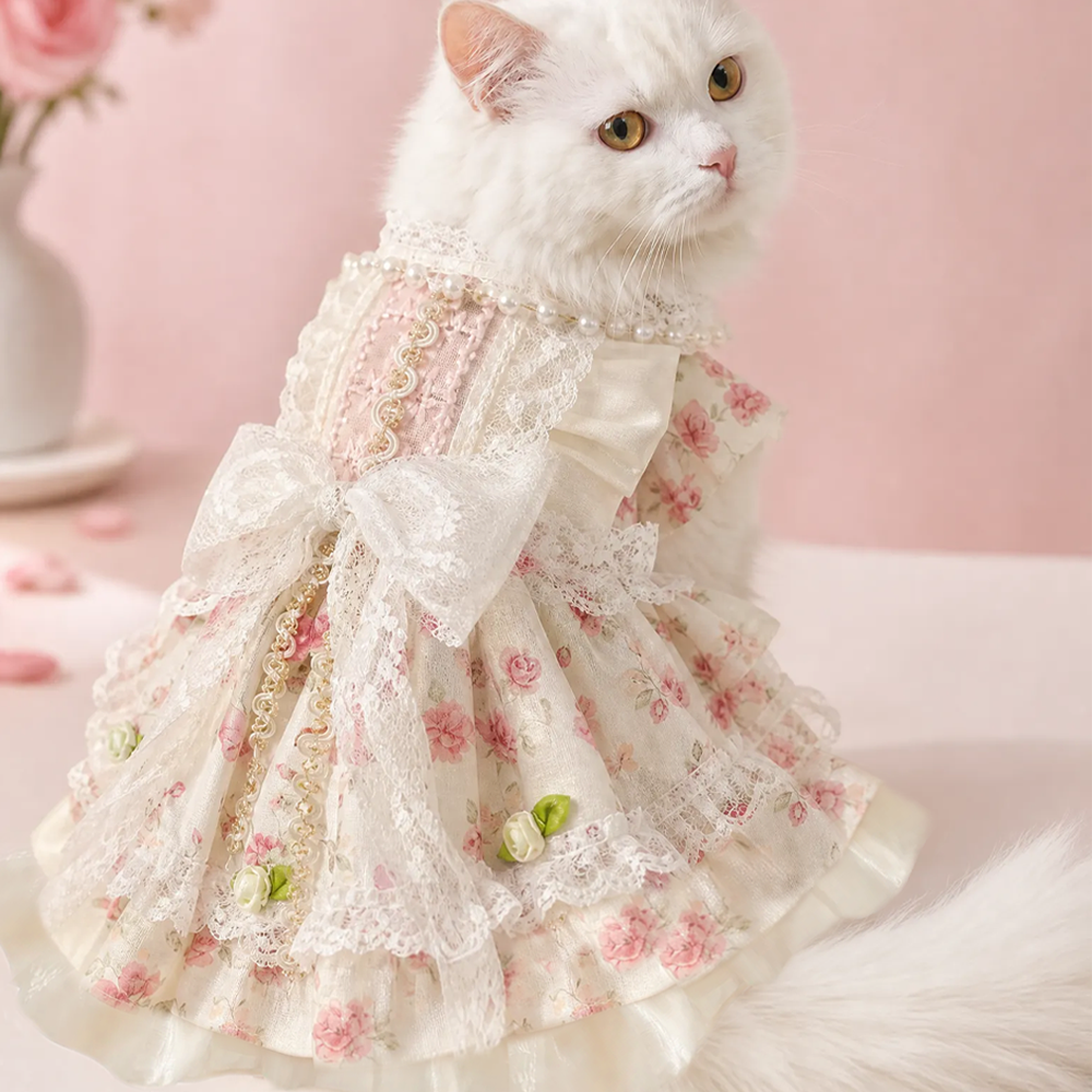 [Pangxigua]Cream Lace Frill Pet Sleeveless Outfit, Wavy Gold Chain Trim Floral Bubble Skirt Pet Wedding Party Dress