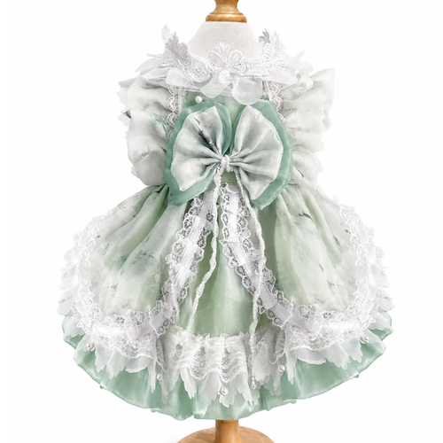 Forest-style mint green organza pet dress with pearl lace—fluffy party dress for cats and small dogs