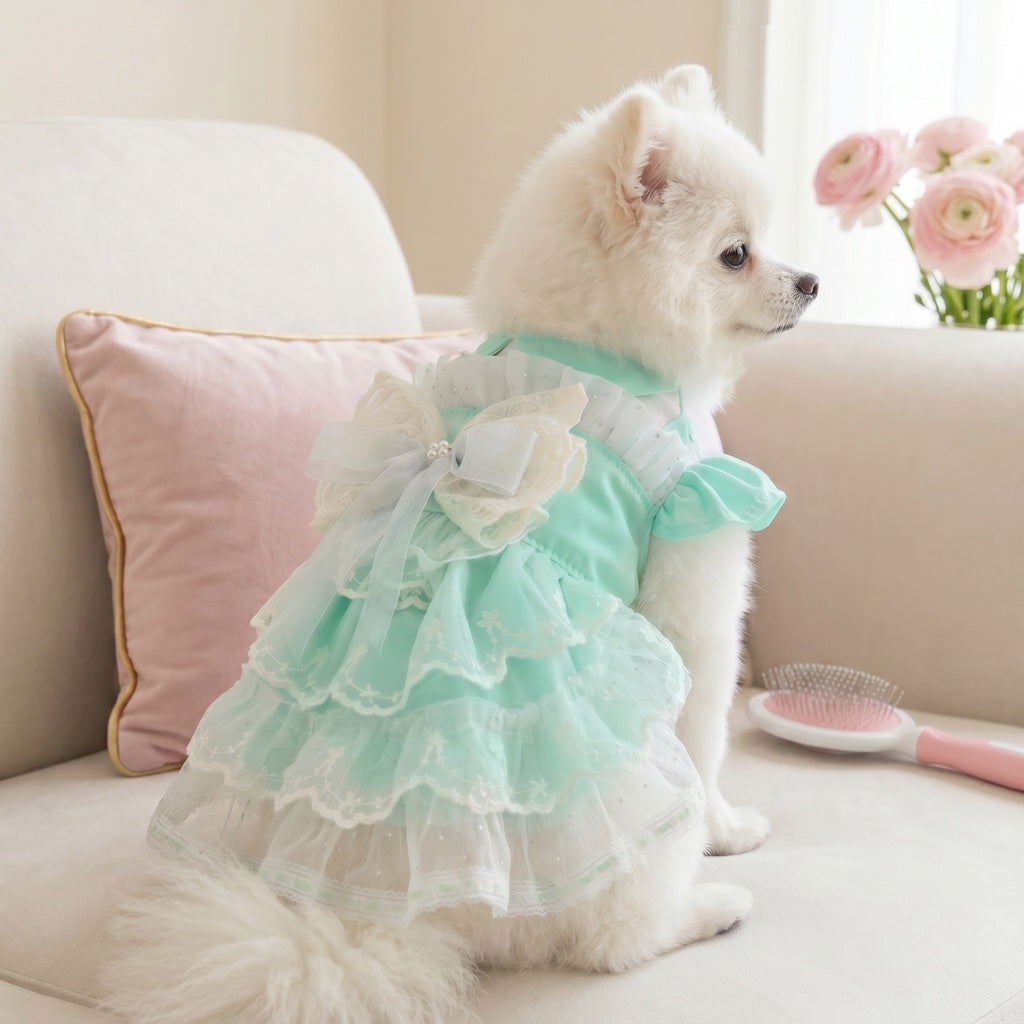 Mint‑Green Lace Dog Wedding Dress, Princess Tutu Skirt with Bow‑Knot, Summer Breathable Pet Party Outfit for Small Dogs Cats, Bichon, Poodle, Teddy